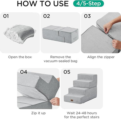Made4Pets Dog Steps for Bed, Extra Wide Dog Stairs for High Bed Couch Sofa, 35D Foam Pet Steps for Small Dogs and Cats(Up to 40lbs), Non-Slip Bottom Pet Stairs, Light Grey, 4 Steps