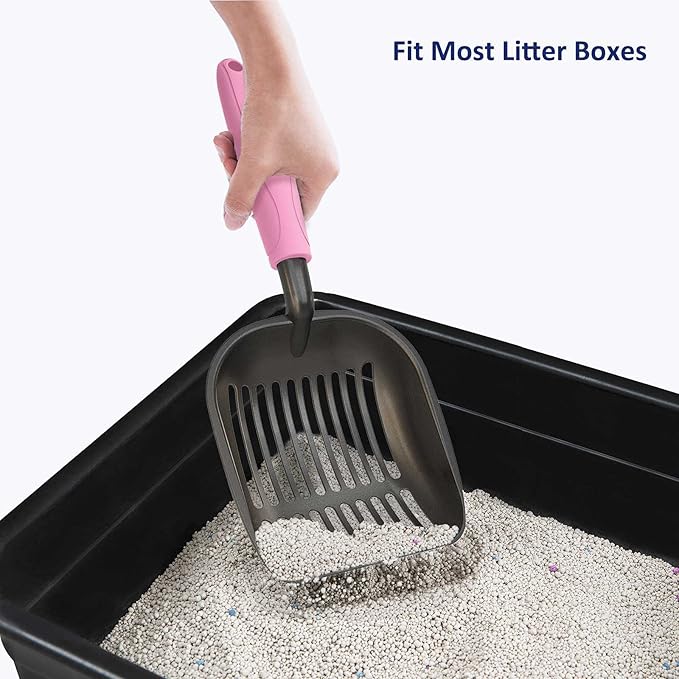 WePet Cat Litter Scoop, Non-Stick Plated Aluminum Alloy Sifter, Kitty Durable Metal Scooper, Deep Shovel, Long Handle, Kitten Pooper Lifter, Size Medium, Coated Black Body with Pink Handle