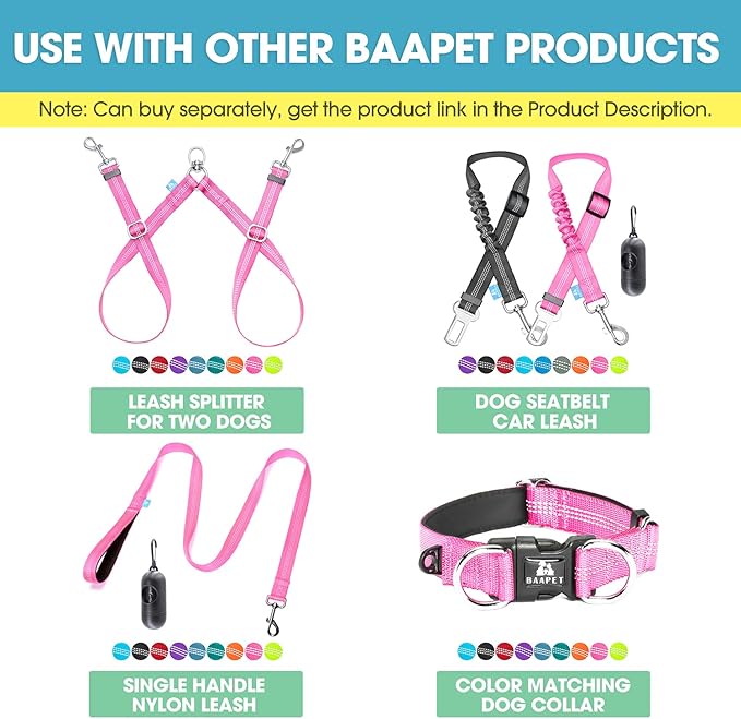 BAAPET Two Handle Dog Leash, Dual Soft Padded Handles with Traffic Control Handle Leash for Small Medium or Large Dogs (3/4'' x 5 FT, Pink)