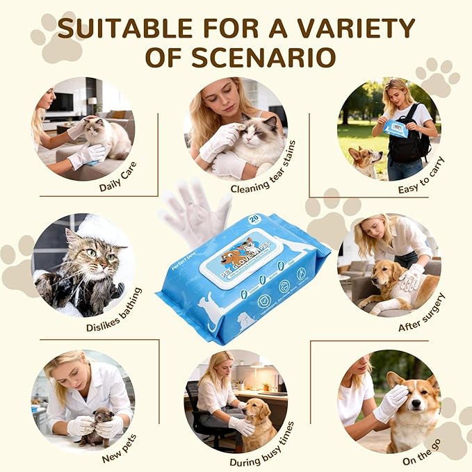 Pet Glove Wipes for Dogs and Cats, Rinse-Free Dog Grooming Wipes, Fragrance-free Hypoallergenic Deodorizing Wipes, Ultra-Thick, For Pets Cleaning, Post-Operative Care, Daily Grooming and Travel 20 PCS
