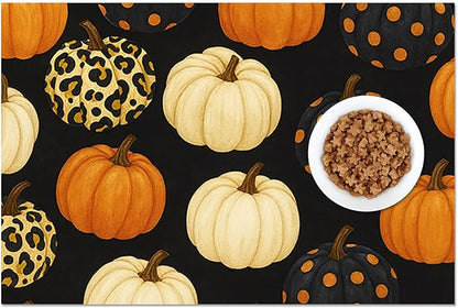 Fall Pumpkin Pet Feeding Mat Thankgiving Theme Dog and Cat Food Mat Non Slip Pet Bowl Mats with Leopard and Polka Dot Pumpkin Design for Autumn Home Kitchen Cat Accessories 24" x 16"