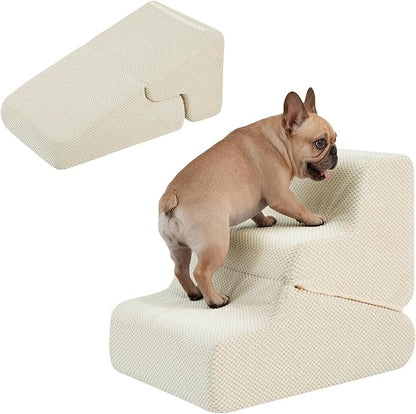 Dog Ramp for Bed, 16.5" H Dog Stairs for High Bed, 2 in 1 Pet Steps for Small Dogs, 3-Step Foldable Transformable Large Cats Ramp to Get on Couch, Non-Slip Balanced, Beige
