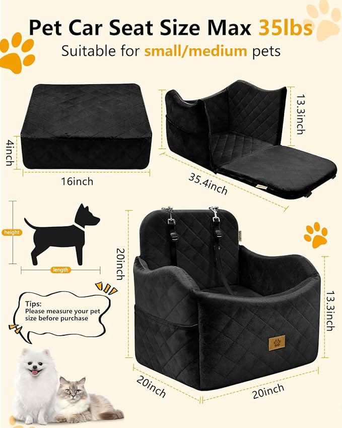 Dog Car Seat for Small/Medium Dogs Up to 35 lbs, 2-in-1 Pet Car Seat with Memory Foam, Machine Washable Dog Bed for Cars, Non-Slip Pet Booster Carseat with Safety Leashes, Storage Pockets (Black)