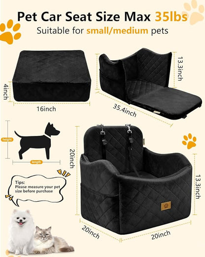 Dog Car Seat for Small/Medium Dogs Up to 35 lbs, 2-in-1 Pet Car Seat with Memory Foam, Machine Washable Dog Bed for Cars, Non-Slip Pet Booster Carseat with Safety Leashes, Storage Pockets (Black)