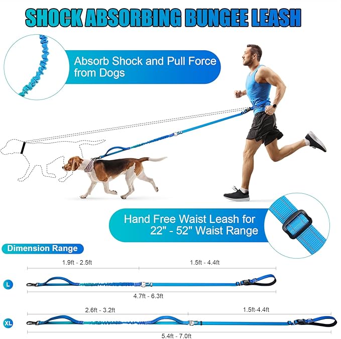 Heavy Duty Hands Free Dog Leash, 5-7 FT Reflective Adjustable Waist Dog Leash Belt with Padded Handles, Shock Absorbing Bungee and Car Seat Belt for Large Medium Dogs (Gradient Cobalt, XL)