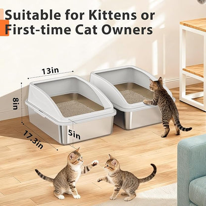 2 Pack Stainless Steel Litter Box for Kitty | Metal Kitty Litter Box with Lid High Sided for Small Cats or Injured Cats, Bunny Litter Boxes, Low Entry, Odor-Free, Non-Stick,Includes Scoop