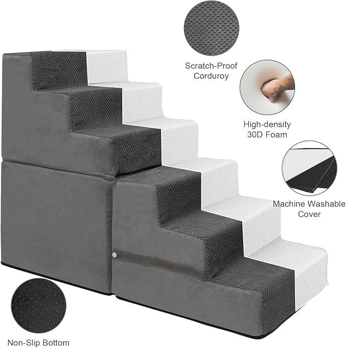 Dog Stairs for Small Dogs, 6-Step Dog Steps for High Bed, High-Density Foam Pet Stairs with Non-Slip Removable Washable Cover to Get on Bed