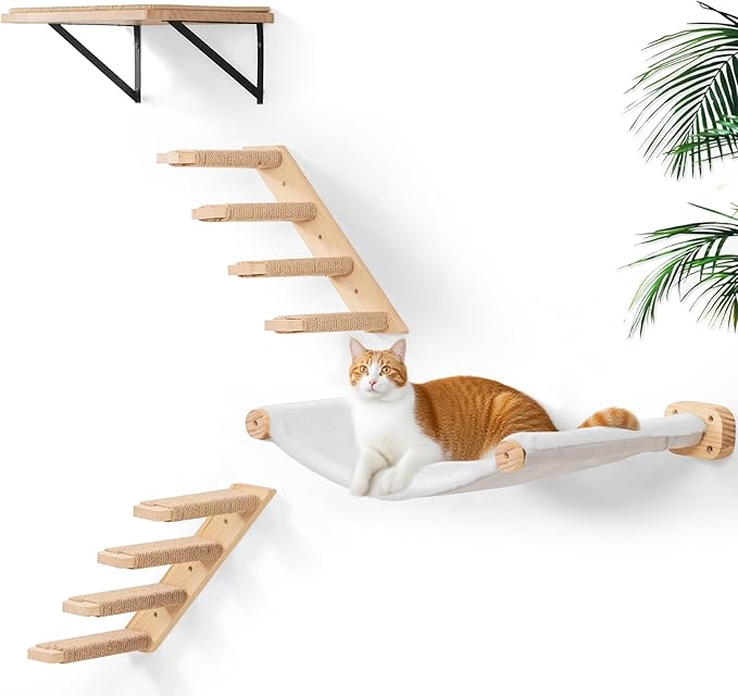 Cat Wall Hammock Set of 4 – 1 Floating Fabric Hammock, 2 Ladders with 4 Steps Each & 1 Flat Shelf – Wall Mounted Cat Bed Furniture Indoor Playground