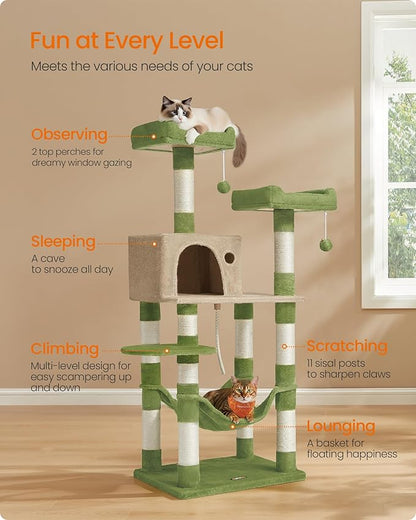 Feandrea Cat Tree, 56.3-Inch Cat Tower, Multi-Level Plush Condo with 11 Scratching Posts, 2 Perches, Hammock, Cave, Grass Green and Camel Brown UPCT015CB02