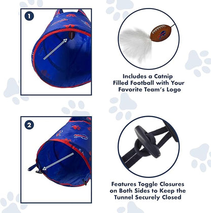 NFL Buffalo Bills Cat Tunnel Tube Toy with Plush Football Catnip and Feathers Collapsible Tunnel for Cats to Play, Peek and Hide, Sporty & Fun Cat Tunnel Toy with Team Logo All-Over Design!