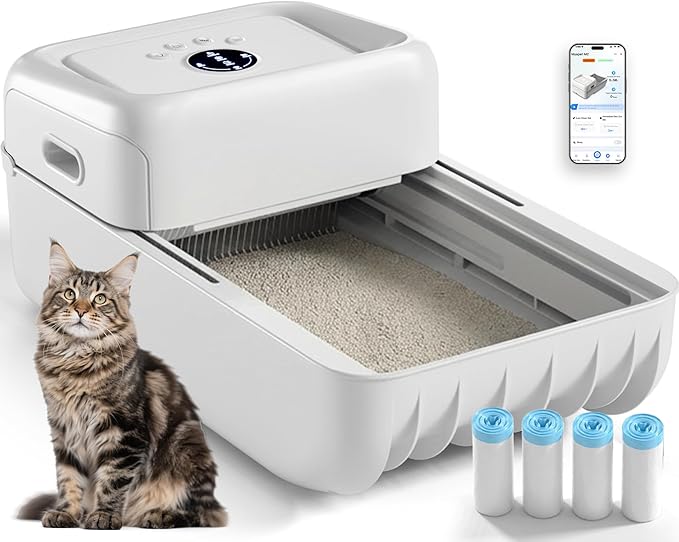 Open Top Self Cleaning Cat Litter Box, Automatic Litter Box for Multiple Cats with APP Control and Safety Protection