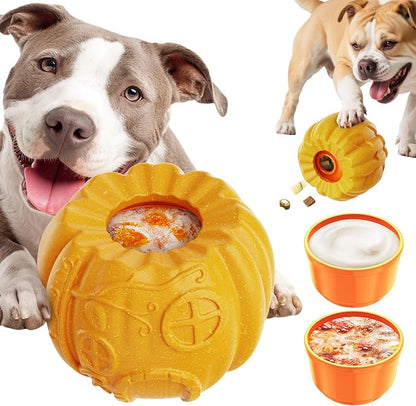 Pumpkin-Shaped Interactive Dog Toy for Dogs Multifunctional Food Dispenser, Frozen Lick Toy & Durable Chew Toy for Aggressive Chewers, Safe Nylon & Coffee Wood Fiber, Easy to Clean, Relieves Anxiety