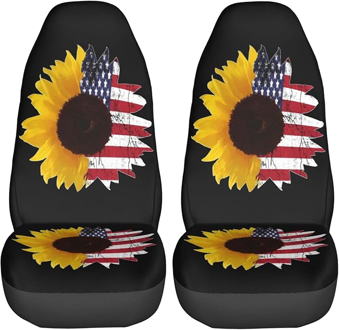 Foruidea Sunflower with American Flag Car Seat Covers Universal 2 Pcs Auto Front Seat Cover Fit Most Cars,SUV,Sedan,Trucks
