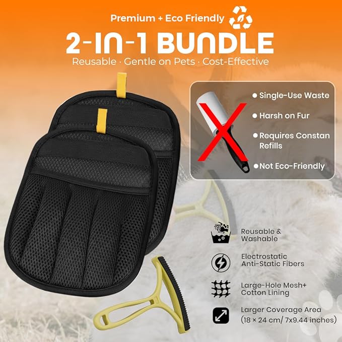 2 Pack Electrostatic Pet Hair Remover Glove with Cleaning Brush for Cats & Dogs, 2026 Upgraded Reusable 5-Finger Grooming Gloves – Magic Brush Tool for Furniture, Couch, Carpet, Car & Clothing (Black)