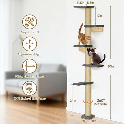 PAWSCRAT Wall-Mounted Cat Tree, 5 Tier Floor to Ceiling Cats Tower, 80 Inch Wall-Mounted Cat Scratching Post, Space Saving Cat Furniture and Easliy Climb for All Cats, Darkgery
