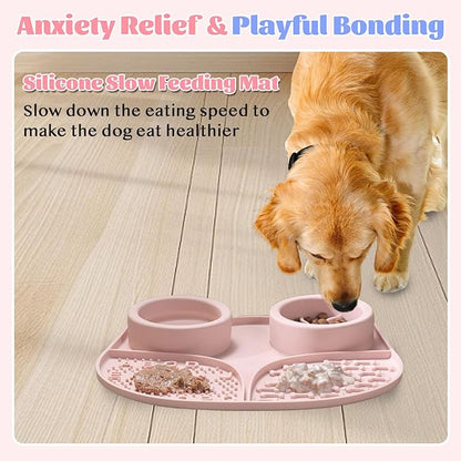 Silicone Slow Feeder Dog Bowls & Cat Bowls, 2 Cups Small Pet Food Bowl with Non-Slip Suction Base, Food-Grade Safe Puzzle Feeder for Small & Medium Dogs & Indoor Cats (Bowl & Lick Mat (Pink))