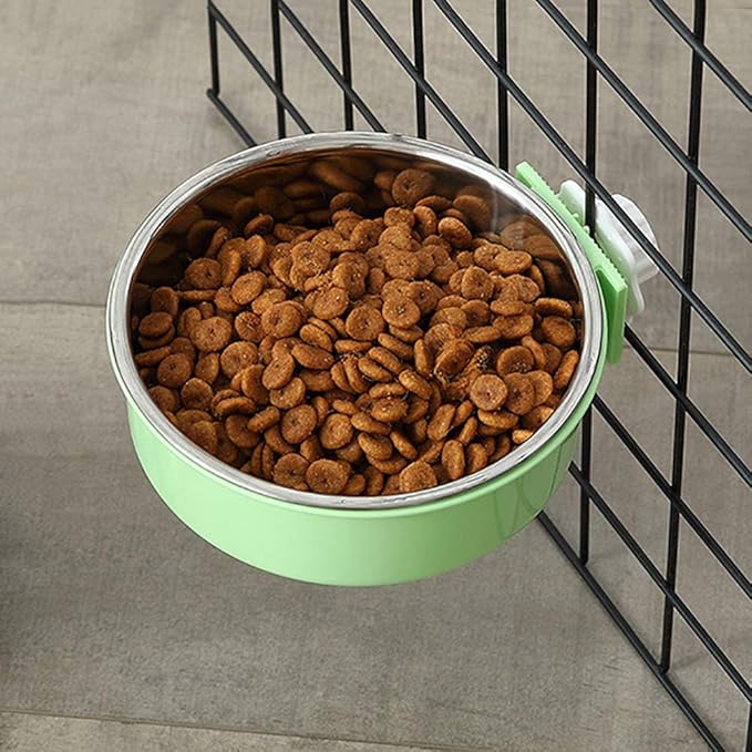 Crate Dog Bowl, Removable Stainless Steel Water Food Feeder Bowls Hanging Pet Cage Bowl Cage Coop Cup for Dogs Cats Puppy Rabbits Bird and Small Pets (Large (Pack of 2), Round (Blue+Green))