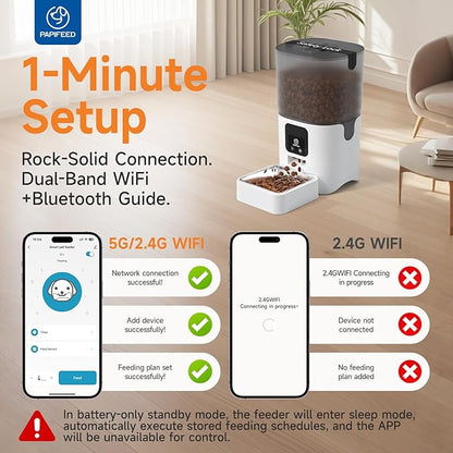 PAPIFEED 5G WiFi Automatic Cat Feeders Smart Automatic Cat Food Dispenser Slow Feeding Mode, Detachable for Easy Cleaning, Pet Feeder, 1-30 Meals Per Day for Multiple Pets (6L/25 Cup)