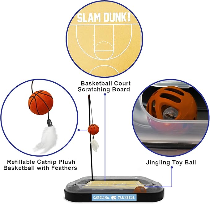 Pets First 6-in-1 Tar Heels Cat Toy - Reversible Cardboard Scratcher, Cat Ball, Bell, Wand, Plush Basketball - Catnip-Filled (UNC-5017-BB)