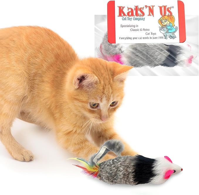 Kats'N Us Dat Darn Ferret with Feathers Real Rabbit Fur Cat Toy- Furry Cat Toys, Cat Stuffed Animal, Cat Entertainment for Indoor Cats and Kittens, Interactive Cat Toys - 10 Inches
