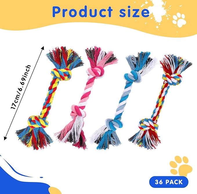 36-Pack Rope Dog Toys, Multi-Color Cotton Puppy Chew Teething Toys with Knots for Small and Medium Breed Pets, Interactive Tugging Fetch Play for Dental Health and Stress Relief
