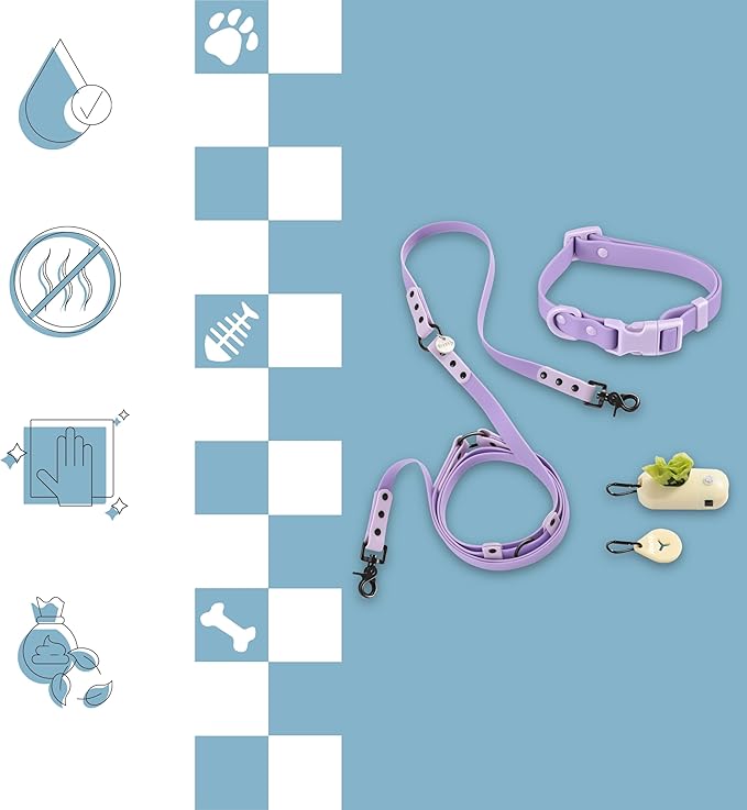 WLK1004H-5SET Luna Small 8FT Adjustable 6-in-1 Waterproof Hands-Free Leash and Collar with LED Flashlight, Bag Dispenser, and Poop Bag Holder, Bramble