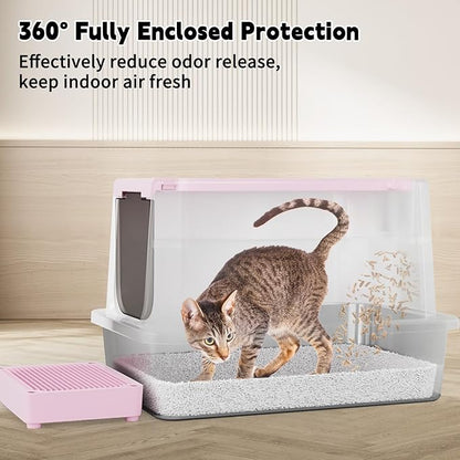 RIZZARI Enclosed Cat Litter Box: Large Top & Front Entry - High-Sided Anti-Scatter Design - Stainless Steel Odor Control - Easy Clean Teflon Non-Stick Coating- Pink Litter Pan - Entryway/Closet Nook