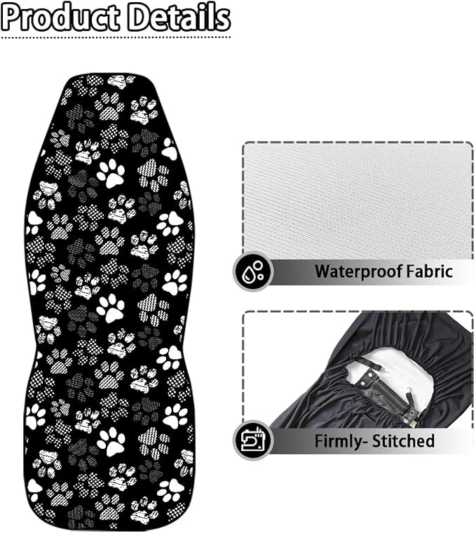 Car Seat Covers Waterproof Cute Dog Paw Print Car Seat Cover for Front Seats Set of 2 Easy Installation Universal Front Cars Seats Cover Fit for Cars, SUV and Trucks