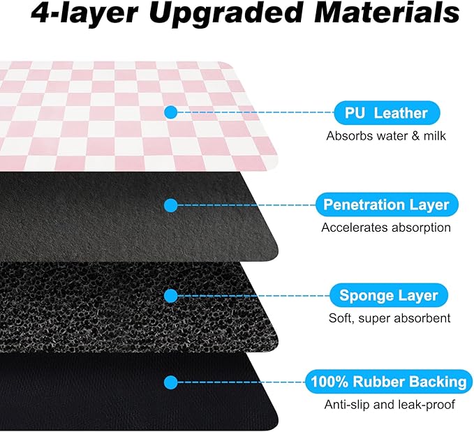 Checkered Dog Food Mat, Absorbent Leak-Proof Pet Feeding Mat, Quick Dry Cat Food Mat for Messy Drinkers 16" x 24" Pink