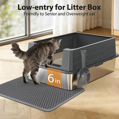 FURTIME XXXL Extra Large Stainless Steel Litter Box with Lid, Large Cat Litter Box for Big Cat, Large Metal Cat Box with High Sided, Non-Stick, Easy Cleaning, Includes Scoop and Mat