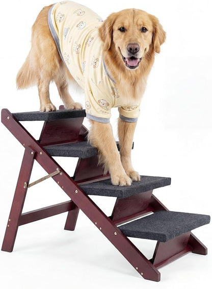 MEWANG Wooden Pet Stairs/Pet Steps - 3-in-1 Foldable Stairs & Ramp for Tall Beds and Cars - Portable Dog/Cat Ladder Up to 220 Pounds - for Small and Older Animals(Brown) (31.5" L x 17.2" W x 25.0" H)