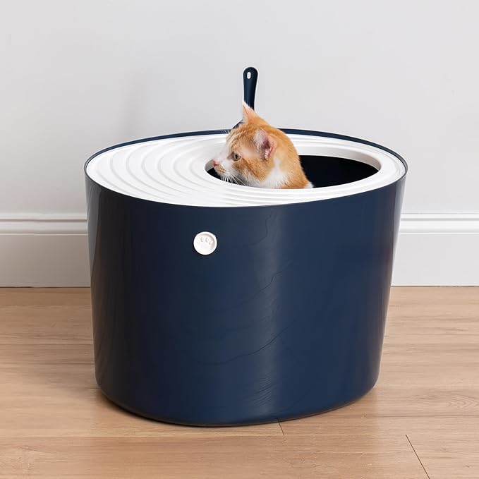 IRIS USA Large Top Entry Cat Litter Box Made in USA, Covered Enclosed Design with Lid, Litter Catching Grooved Top, Scatter Shield, Dog Proof, Scoop Included, Odor Control, Navy/White
