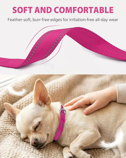Joytale Puppy Collar, Feather-Light Double-Sided Reflective Nylon Collar for Night Safety, Adjustable Quick-Release for Extra Small Dogs, Hotpink, XS (3/8" Width)