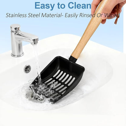 Cat Litter Scoop, Metal Litter Scoop, Heavy Duty Metal Cat Scooper for Litter Box, Black Sifter Scoop for Pellets, Wooden Handle Scoop with Hole, Kitty Necessity (Long)