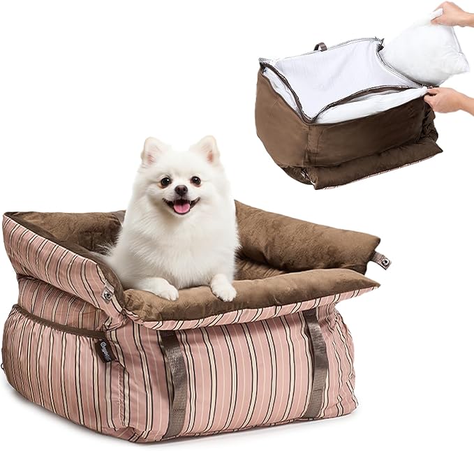 BurgeonNest Dog Car Seat for Small Dogs, Calm Blue Pet Car Bed Under 25 lbs, Soft Booster Fully Detachable and Washable Cat Carseats with Storage Pockets and Clip-On Leash Portable Travel Carrier