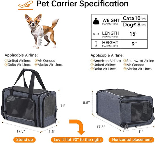 Cat Carrier Pet Travel Carrier by Airplane Approved Under seat, TSA Airline Approved Soft-Sided Dogs Carrier Bag for cat,Dogs,17.5 x 8.5 x 11 inches,Grey