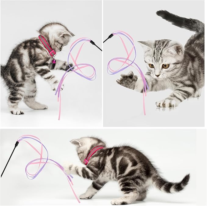 Cat Ribbon Wand Toys, 3pcs Interactive Cat Rainbow Wand String Toys for Indoor Cats Colorful Ribbon Charmer for Kittens Teaser Training Exerciser Playing Catcher Accessories