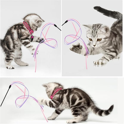 Cat Ribbon Wand Toys, 3pcs Interactive Cat Rainbow Wand String Toys for Indoor Cats Colorful Ribbon Charmer for Kittens Teaser Training Exerciser Playing Catcher Accessories