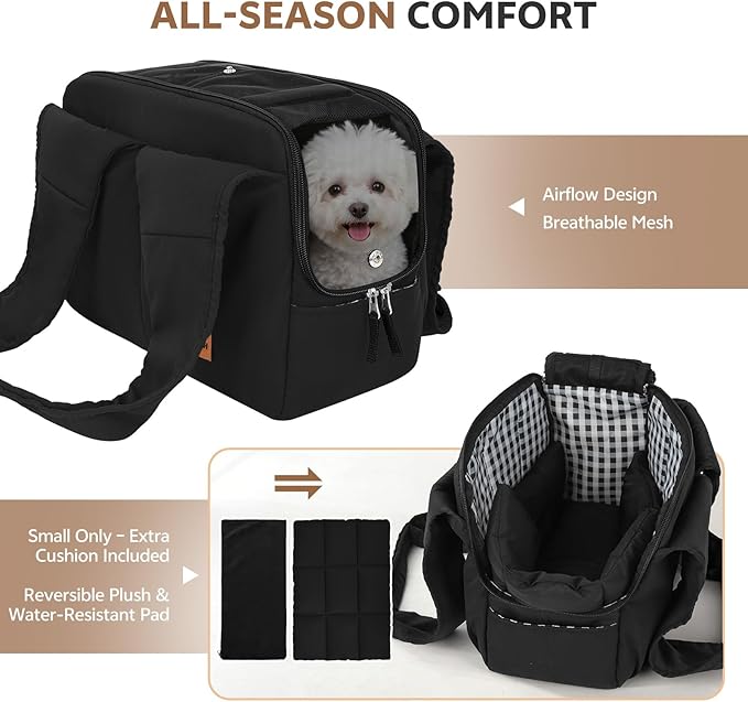Dog Purse Carrier for Small Dogs and Cats, Soft-Sided Pet Tote Bag with 6 Large Pockets, Collapsible Travel Puppy Carrier with Small Cushion, Fits Pets up to 6 lbs (Black, 13.6" L x 6.6" W x 10" H)
