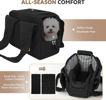 Dog Purse Carrier for Small Dogs and Cats, Soft-Sided Pet Tote Bag with 6 Large Pockets, Collapsible Travel Puppy Carrier with Small Cushion, Fits Pets up to 6 lbs (Black, 13.6" L x 6.6" W x 10" H)