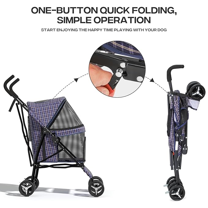 Dog Stroller for Small Dogs 10 lbs -22lbs Puppy Stroller Medium Dog Wagon Small Pet Stroller for Cats, Cat Strollers for 2 Cats, Rear Storage, Plaid