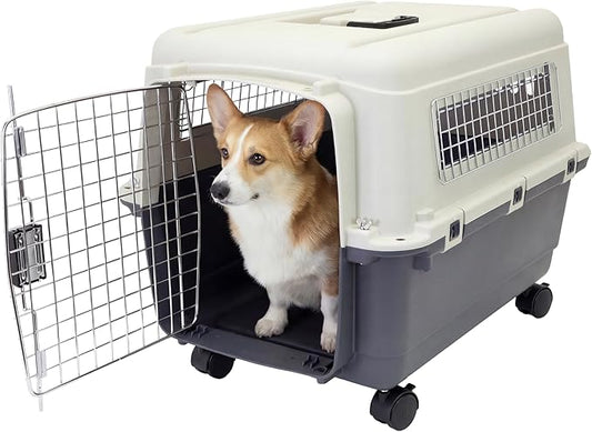 SportPet Airline Compliant MEDIUM 24.25" Travel Dog Kennel-Durable Plastic Airline Pet Carrier w/Removable Wheels & Food Bowls, Collapsible Indoor/Outdoor Dog Kennel, Dogs up to 23"L & 15"H-Cream/Gray