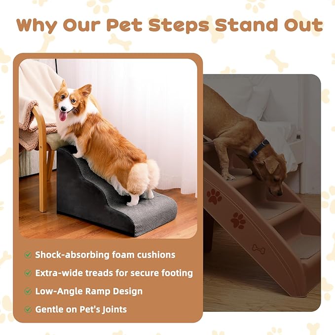 Makigued Dog Stairs for Small Dogs and Cats, 16" H 3 Steps Pet Steps Ramp for High Bed, Couch, Sofa, Waterproof Pet Stairs with Removable Washable Cover, Non-Slip Bottom, Dark Gray