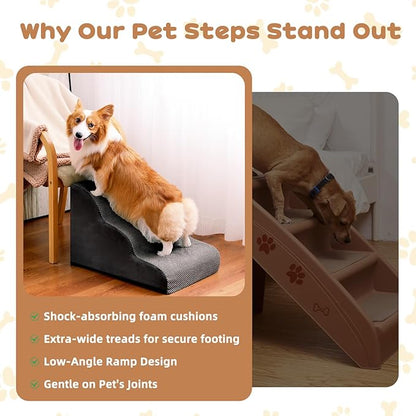 Makigued Dog Stairs for Small Dogs and Cats, 16" H 3 Steps Pet Steps Ramp for High Bed, Couch, Sofa, Waterproof Pet Stairs with Removable Washable Cover, Non-Slip Bottom, Dark Gray
