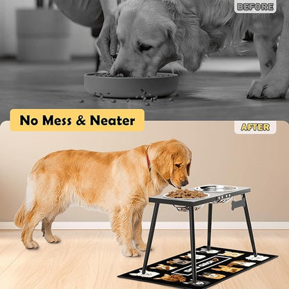 Metal Raised Dog Bowl Stand for Extra Large & Large, Dogs Food & Water Bowls 15" Tall,with Sprill Proof Mat, Raised Stand (70OZ-Stainless Steel Dog Bowls, Mat-20x31)