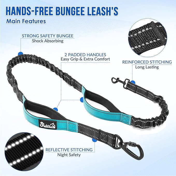 SlowTon Hands Free Dog Leash 2 Dogs - with Removable Zipper Pouch, Shock Absorbing Bungee, Dual Handle & Reflective Stitches, Wide Padded Adjustable Waist Leash for Dogs Walking Running, XL for 2 Dogs