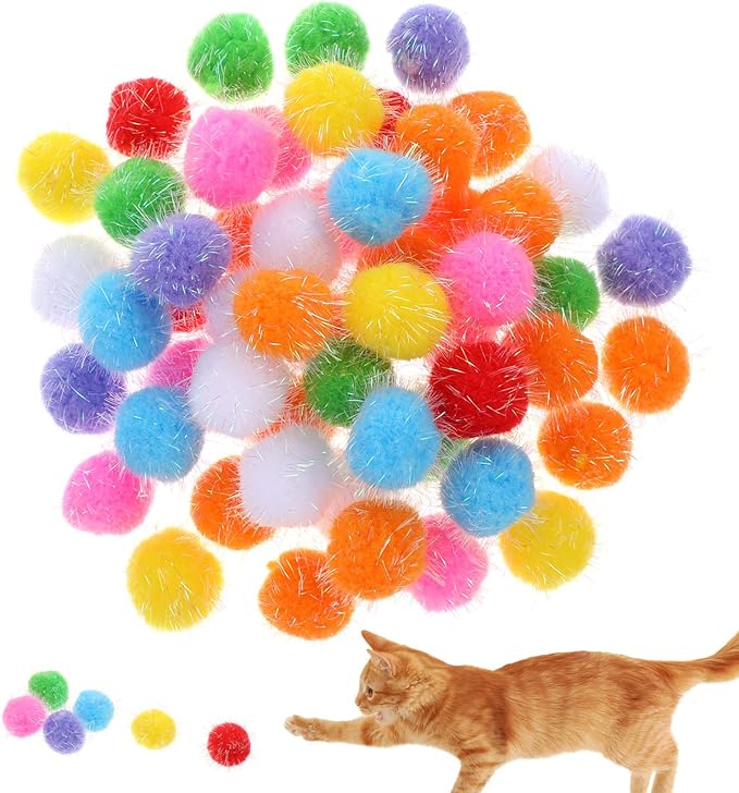 60 Pcs Cat Pom Pom Balls - 1.5 Inch Interactive Cat Ball Toy - Multicolor Sparkle Fuzzy Balls for Exercise and Entertainment