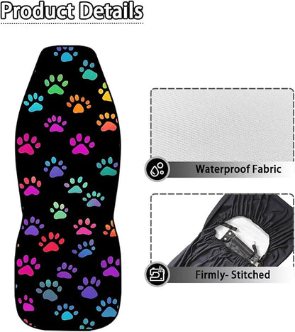 Colorful Dog Paws Car Seat Covers Waterproof Front Seat Covers Easy Installation Stretch Polyester Fabric Cover Protection Interior Accessories Universal Fit Most Cars,SUV, Trucks