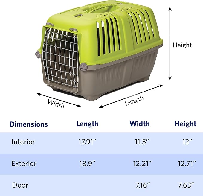 MidWest Homes for Pets Spree Travel Carrier - Hard-Sided Dog & Cat Carrier, Small Pet Travel Crate with Handle, Ventilated Design, Easy Assembly, 19-Inch, Green
