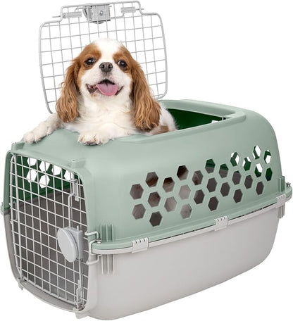 2-Door 24" Plastic Portable Dog Kennel, Green – Lightweight Travel Crate for Small Dogs & Cats, Indoor/Outdoor Use with Secure Latches